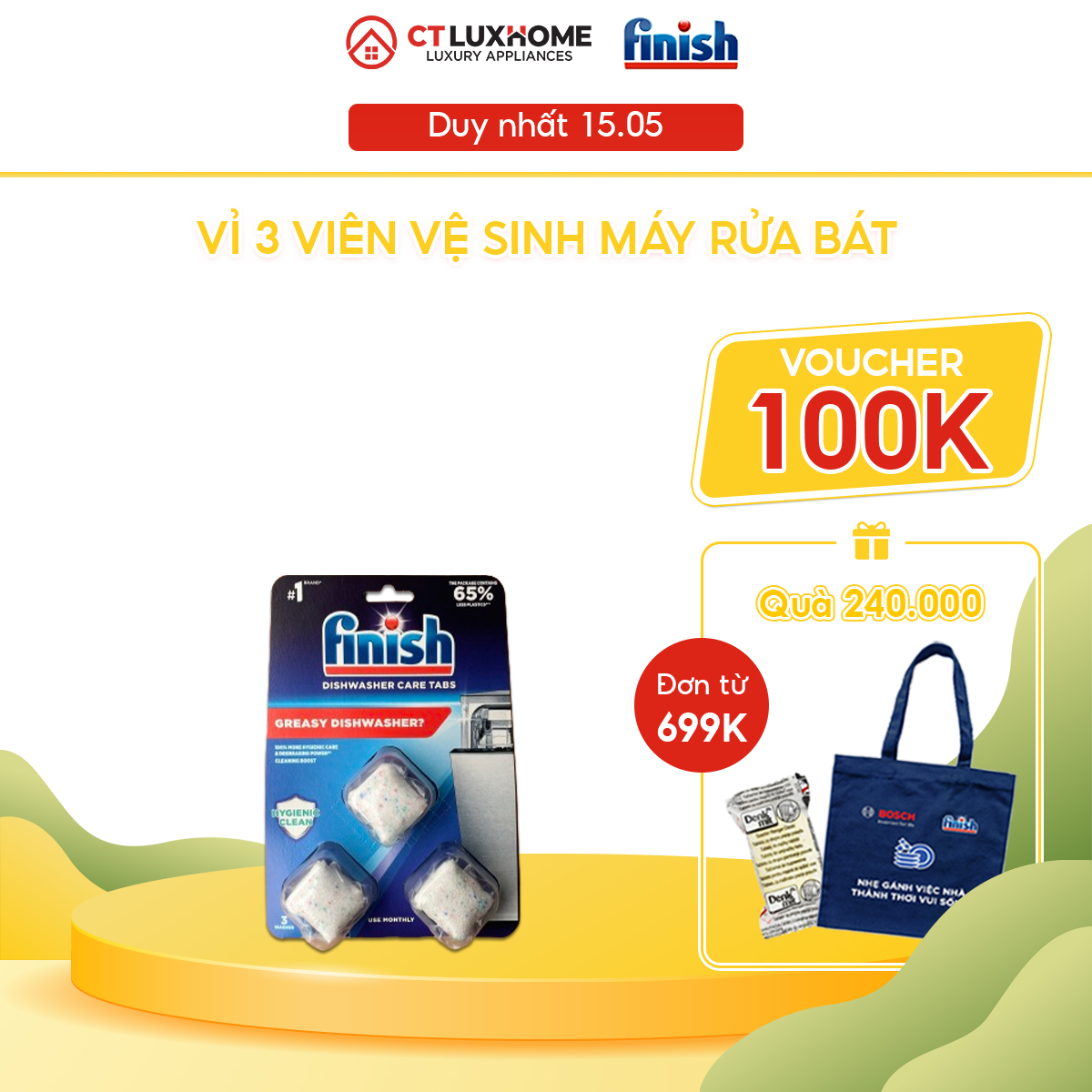 Viên vệ sinh máy rửa bát Finish vỉ 3 viên - Chính hãng