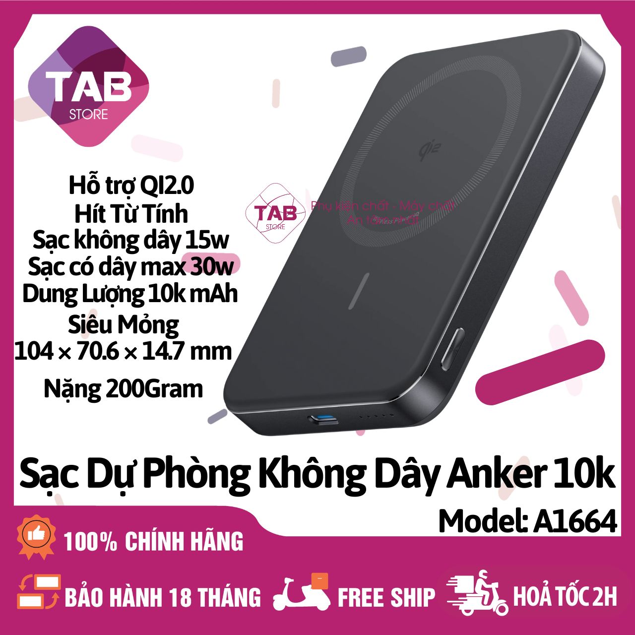 Sạc Dự Phòng Không Dây Anker Maggo 10.000mAh QI2.0 Slim Hít Từ Tính - A1664 (Bảo Hành 18T)