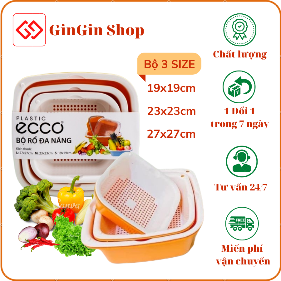 Bộ thau rổ nhựa 6 món ECCO, bộ 3 thau 3 rổ hình vuông cao cấp tiện lợi