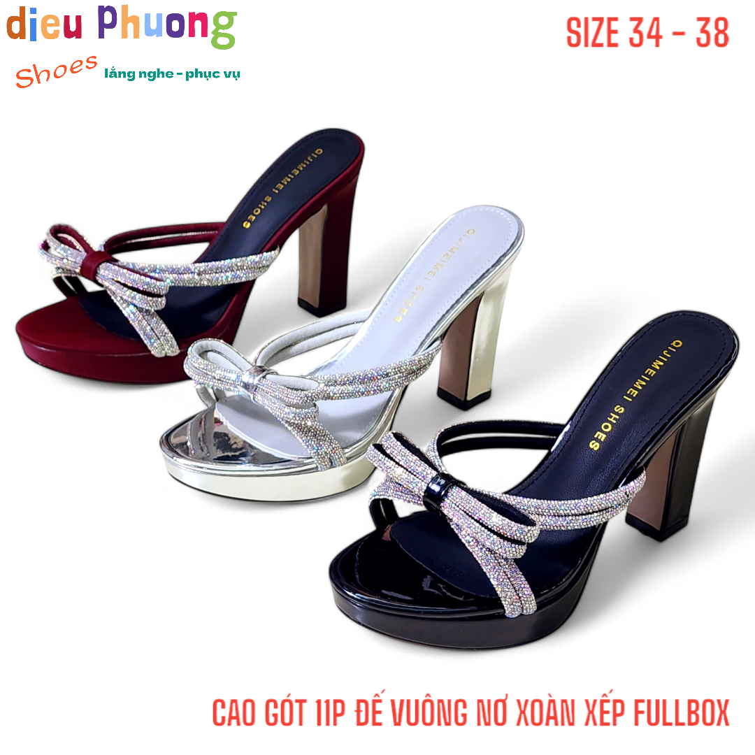 Dép Cao Gót Quai Chéo Nơ Xoàn Xếp Đế Vuông 11cm Cao Cấp 8806-2