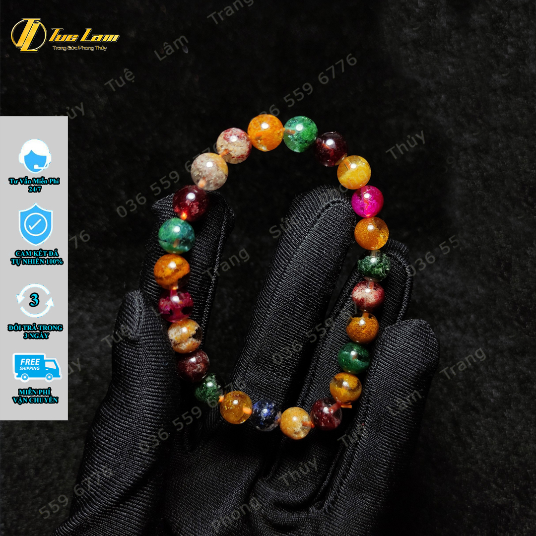 Vòng tay phong thủy đá thạch anh ưu linh đa sắc size hạt 8 li hợp mệnh may mắn bình an - Tuệ Lâm