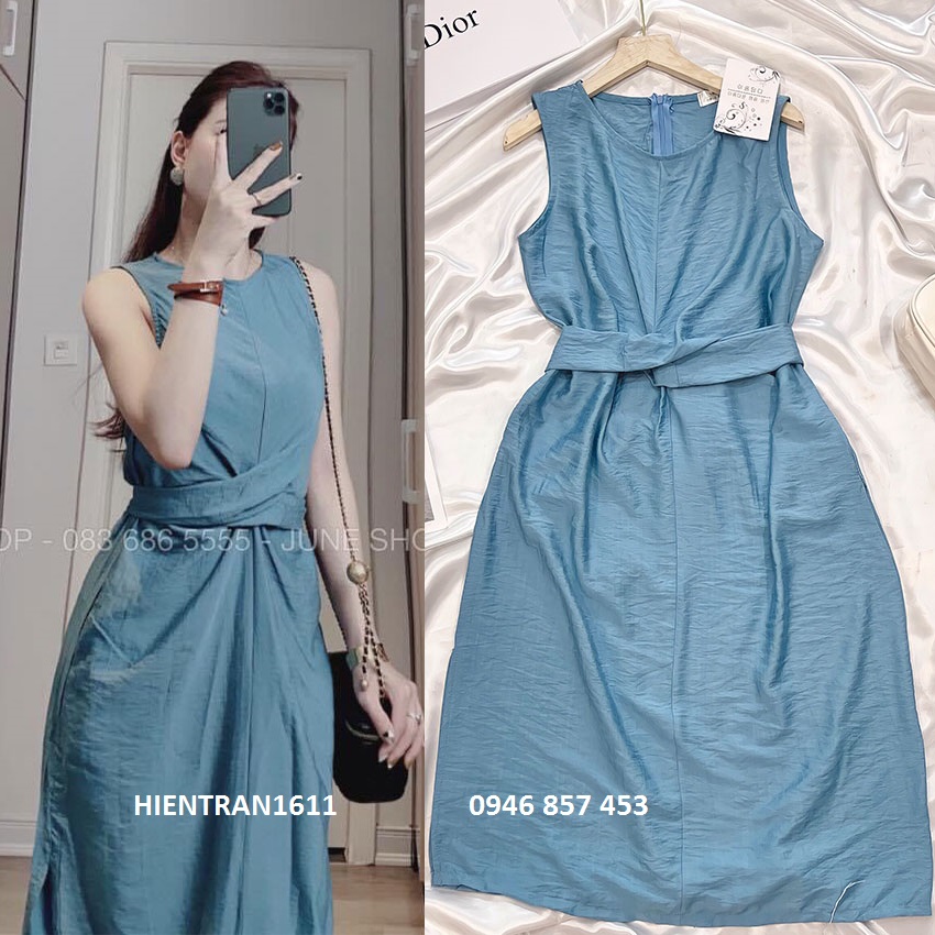 Đầm Váy kiểu, Đầm sát nách, Đầm suông, Đầm hè, Váy hè, Dam Vay kieu, Dam sat nach, Váy suông, Đầm nữ đẹp, Dam nu dep, Đầm kiểu đẹp, Dam kieu dep, Đầm váy nữ sát nách đai buộc xoắn eo sang chảnh màu xanh thanh lịch (Thời tra