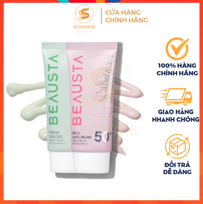 Kem chống nắng rau má beausta nâng tone chống nước waterproof- pink tone up sun gel fresh / mild sun spf 50+/ pa++++ 50g