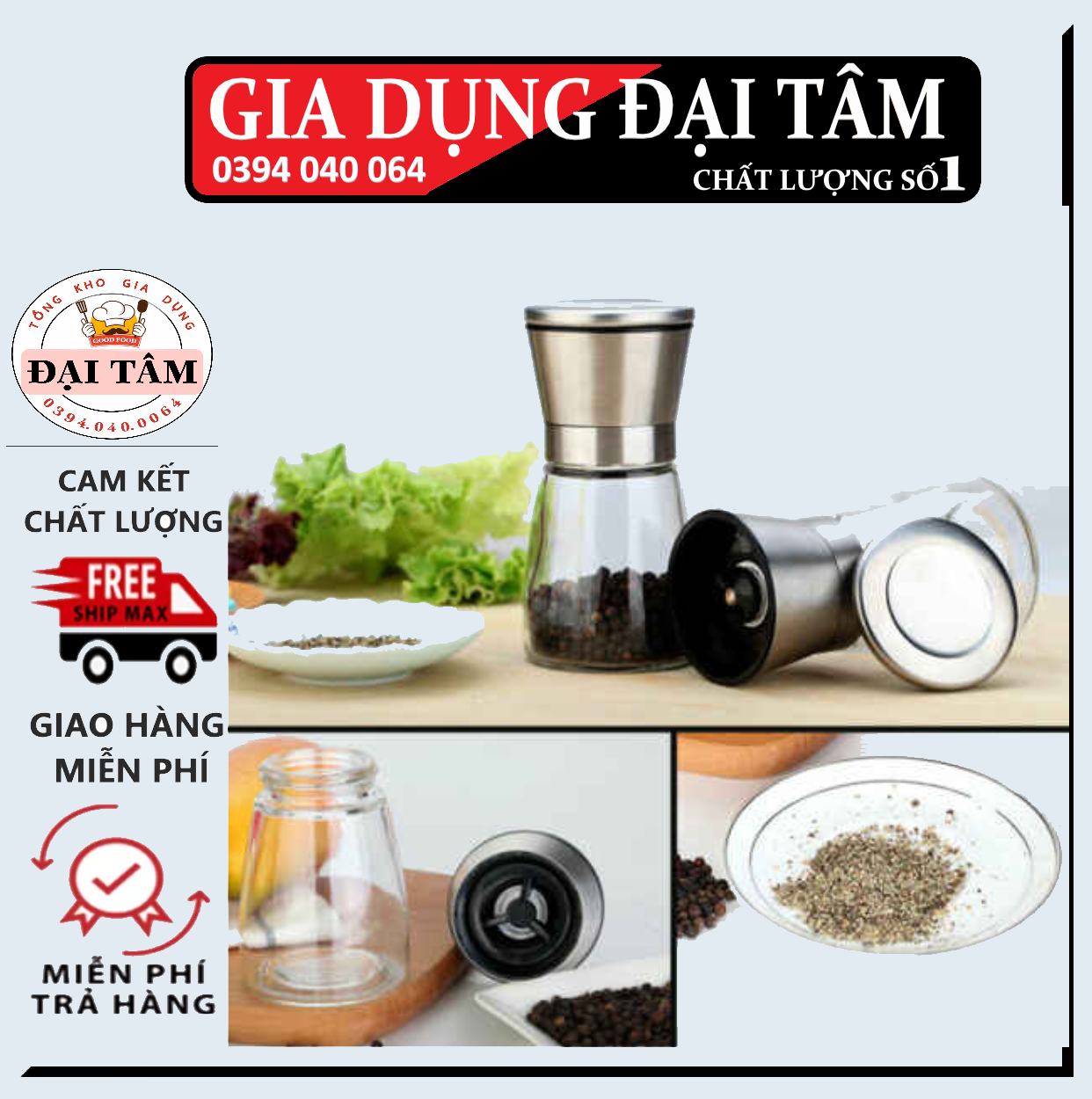 Cối Xay tiêu cầm tay nắp Inox - Lọ Đựng Tiêu