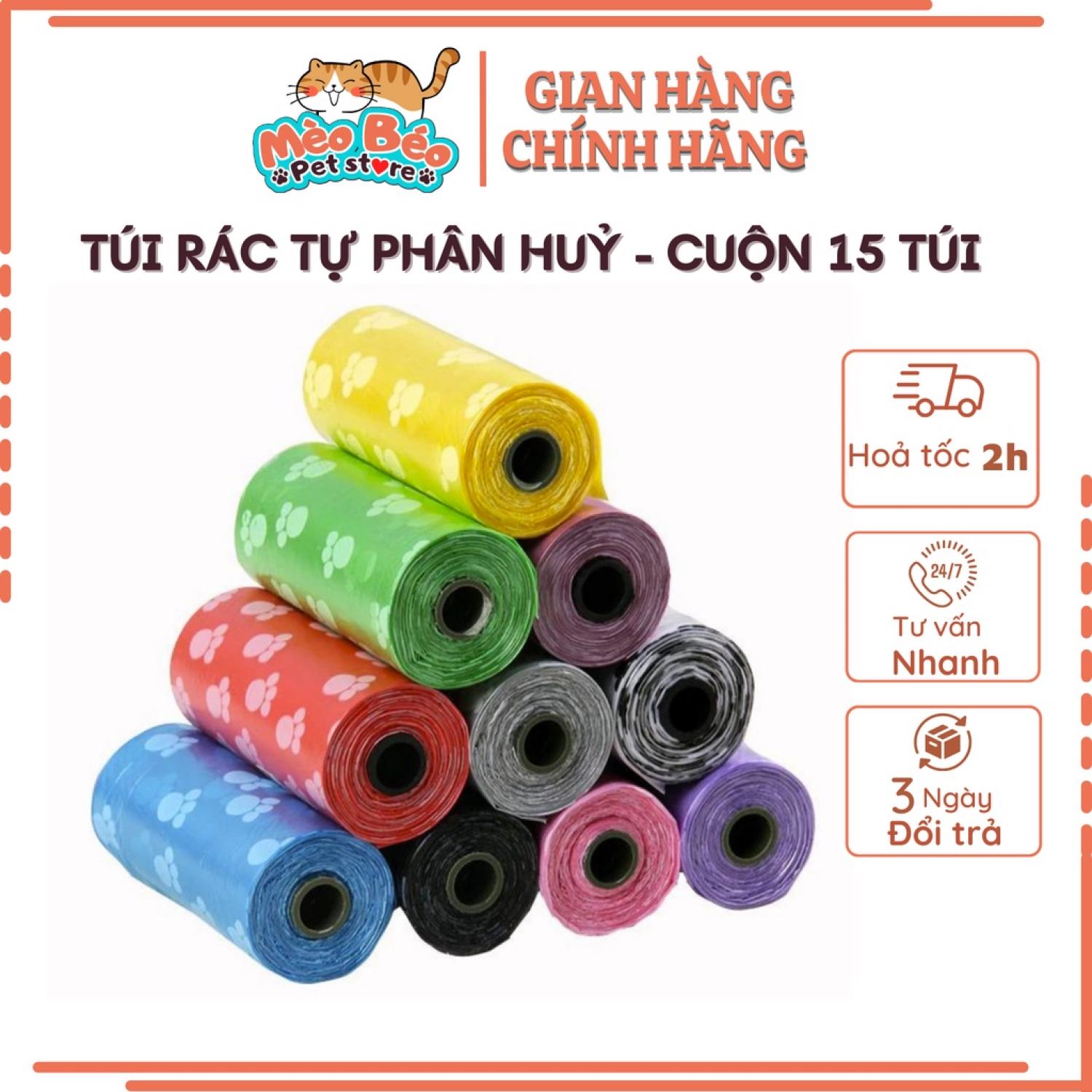 Túi nilon hót phân chó mèo tự phân huỷ, nhỏ gọn tiện lợi - cuộn 15 túi