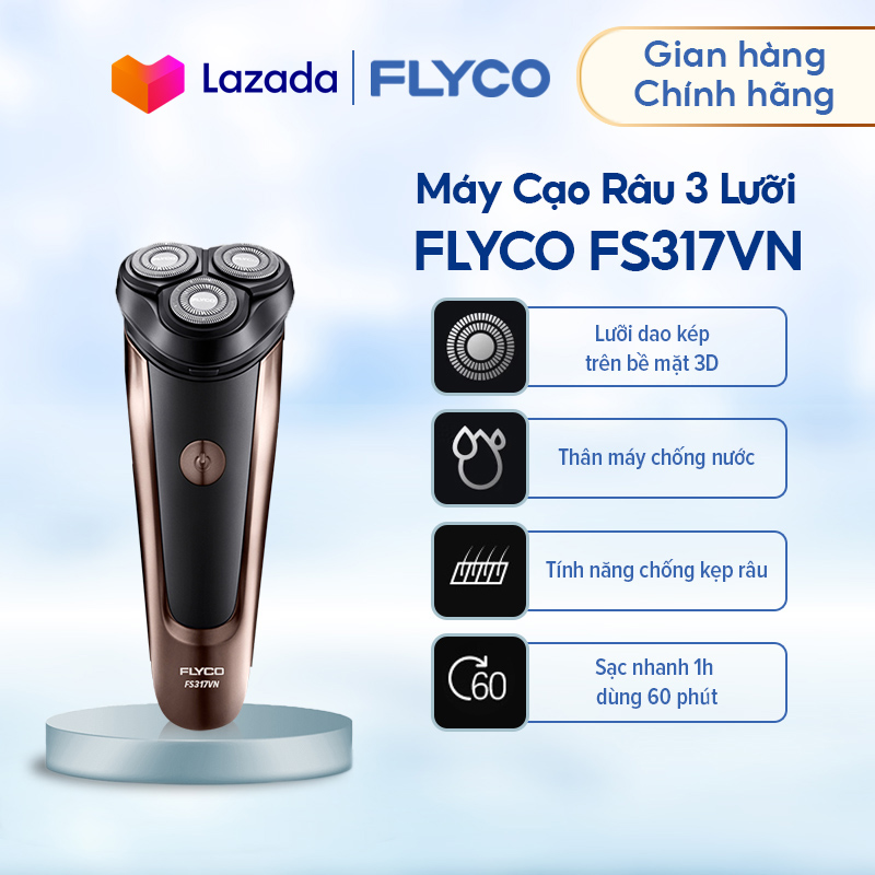 Máy cạo râu FLYCO FS317VN 3 lưỡi kép - Chống nước toàn thân - Sạc nhanh 1 giờ - Mạ hợp kim siêu bền chống xước - Bảo hành 2 năm - Hàng chính hãng