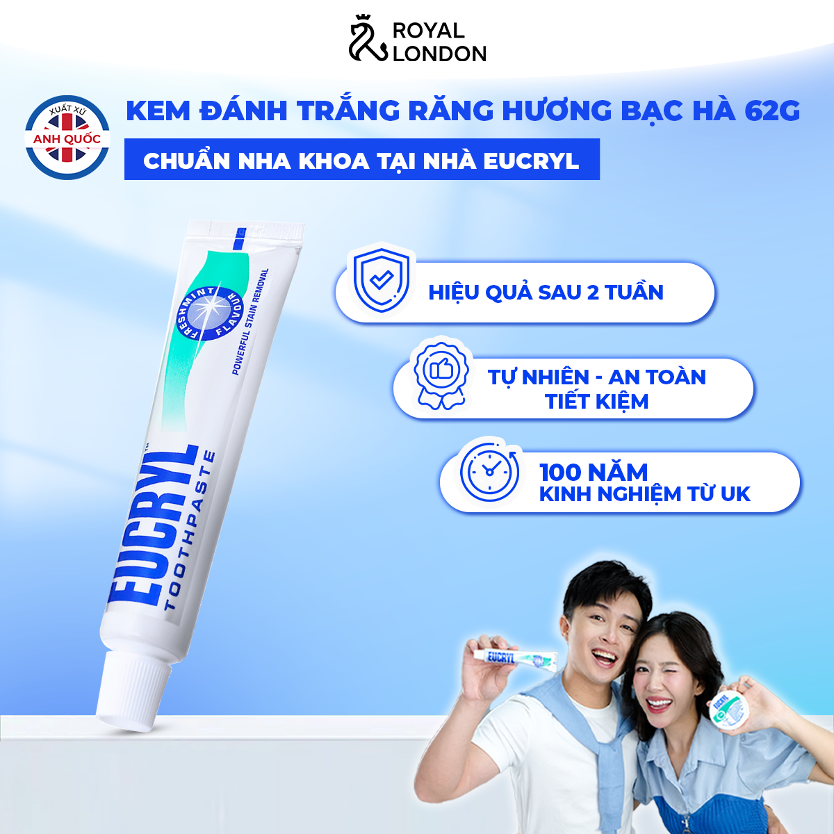 Kem Đánh Răng Bạc Hà hỗ trợ Trắng răng Eucryl Toothpaste 62g