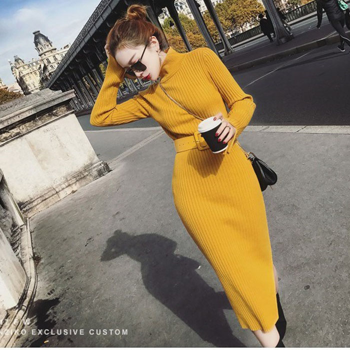 Đầm suông len dáng ôm cao cổ kèm belt thời trang phong cách Hàn