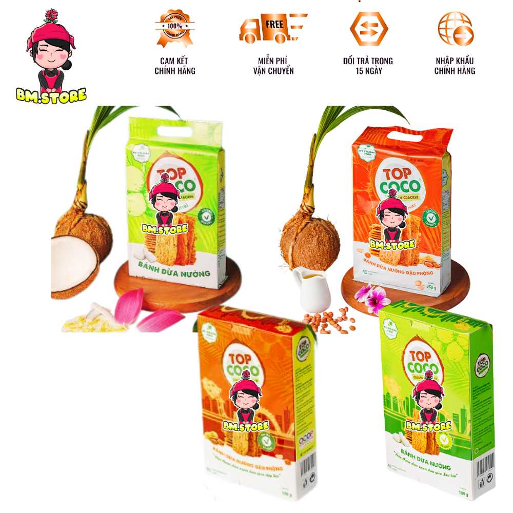 Bánh snack dừa nướng TOPCOCO Gói 250g và Hộp 230g vị Truyền thống-Đậu Phộng,Ăn chay,Ăn kiêng, Không chất bảo quản