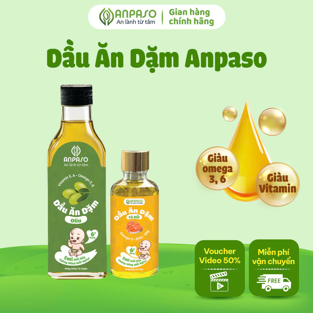 Dầu Ăn Dặm Cho Bé Anpaso - Dầu OIiu, Óc Chó, Cá Hồi, Mè Đen, Gấc, Macca 50ml & 100ml