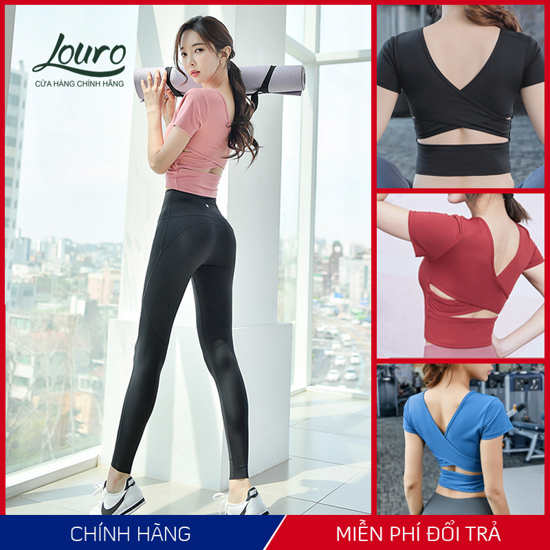 Bộ tập gym yoga nữ Louro, kiểu áo croptop body cổ tim đan chéo có mút kết hợp quần tập legging nữ co giãn - SE90M