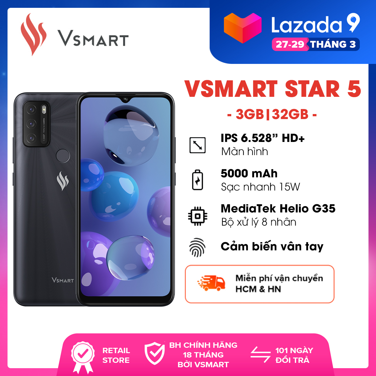 Điện thoại Vsmart Star 5 (3GB/32GB) | Tích hợp vSim-Miễn phí Data 4G 10GB/Tháng (18 Tháng)-Hàng chính hãng-Bảo hành 18 tháng-101 ngày đổi trả