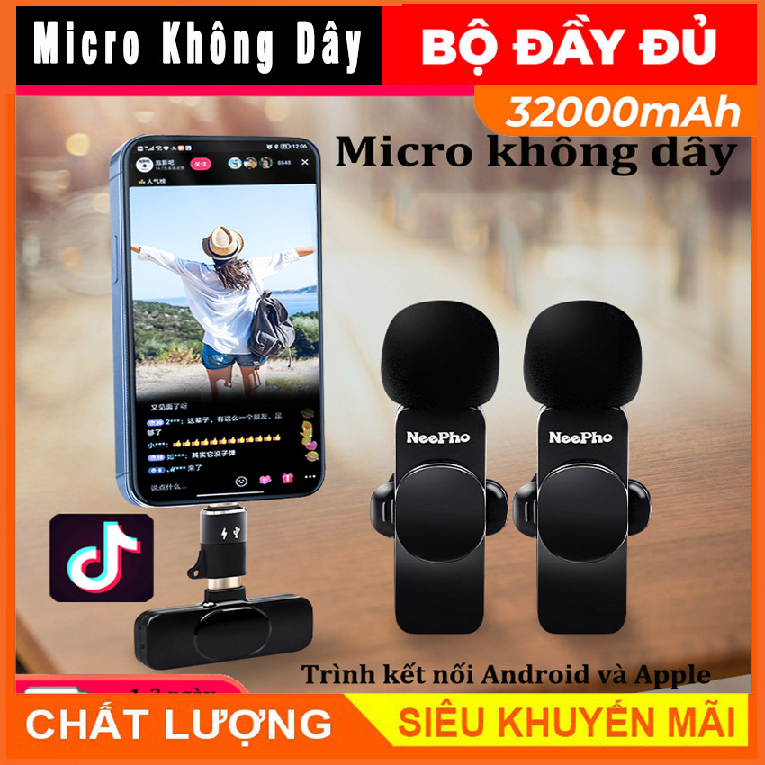 Micro thu âm, micro thu âm không dây cài áo 2 mic K9, mic thu âm , livestream, quay video, micro thu âm khử tiếng ồn cao cấp, khoảng cách 20m