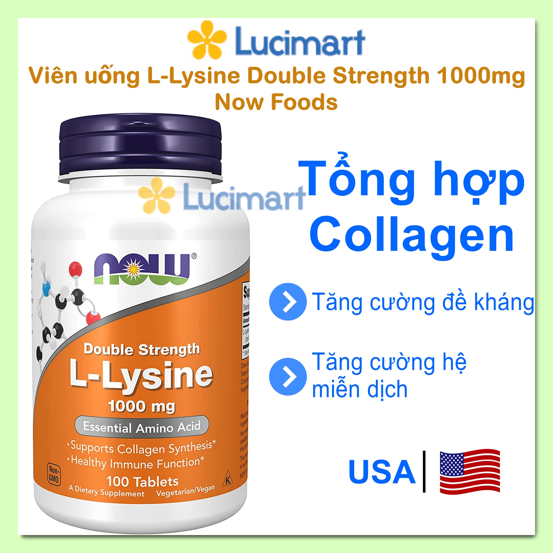 Viên uống L-Lysine Double Strength 1000mg của Now Foods, hộp 100 viên Hàng