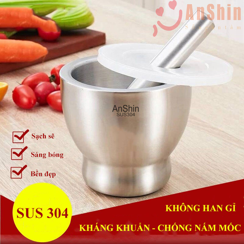 Cối chày Inox 304 cao cấp AnShin - hàng đúc nguyên khối không vết hàn - Size lớn dáng ly