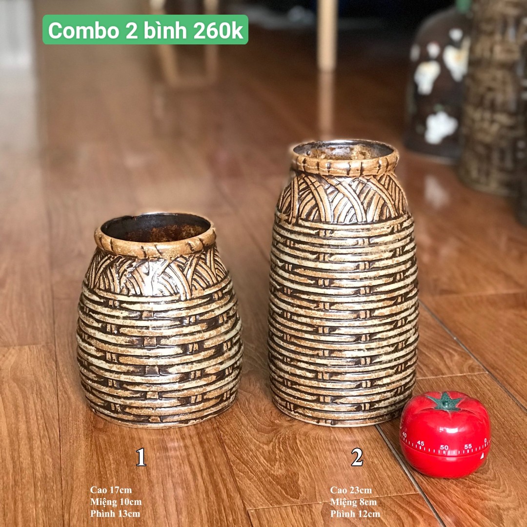 Bình hoa bát tràng vân mây đan, combo 2 bình gốm lọ gốm men mộc gqa87