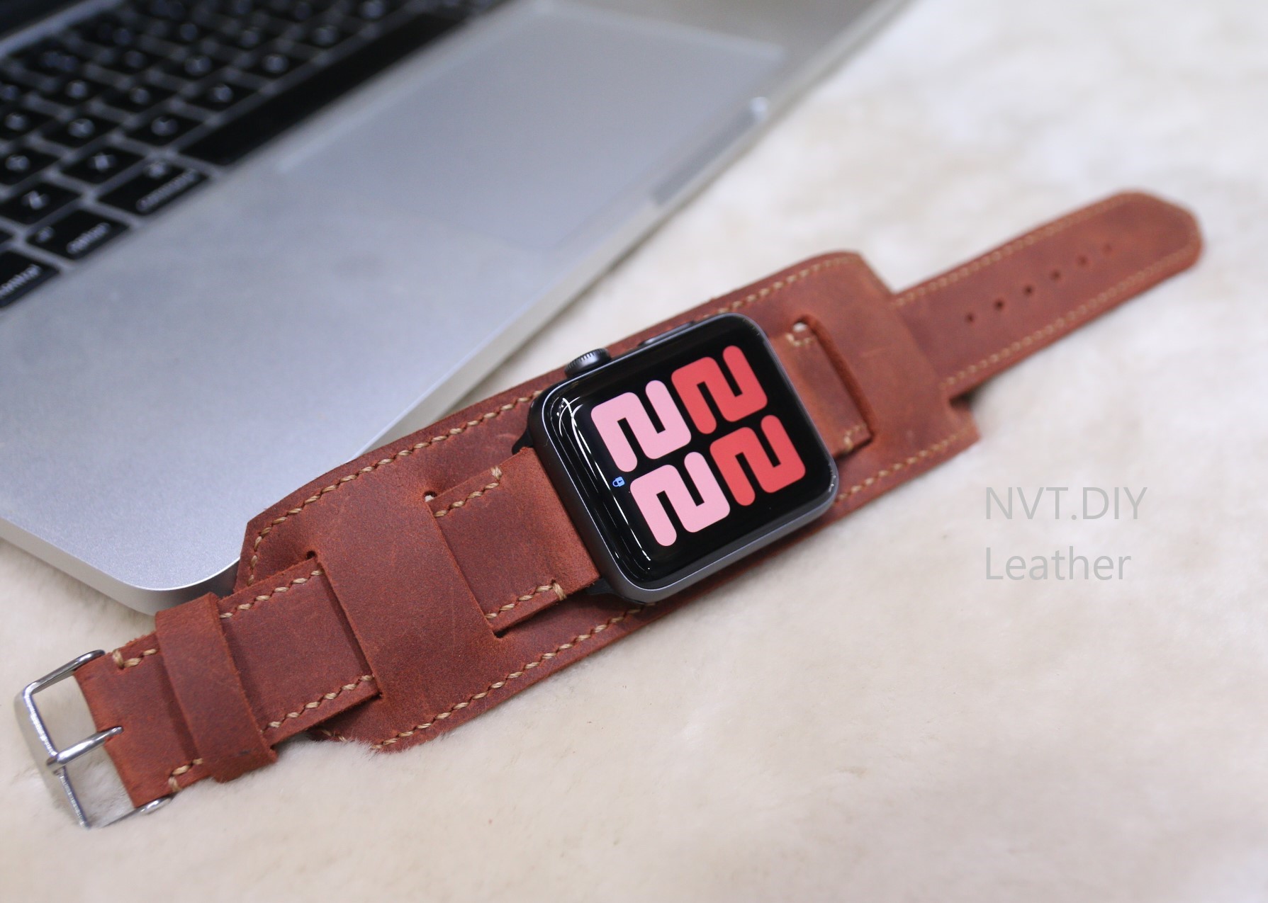 Dây đeo Bundstrap thay thế Apple Watch da bò sáp Nâu đỏ handmade
