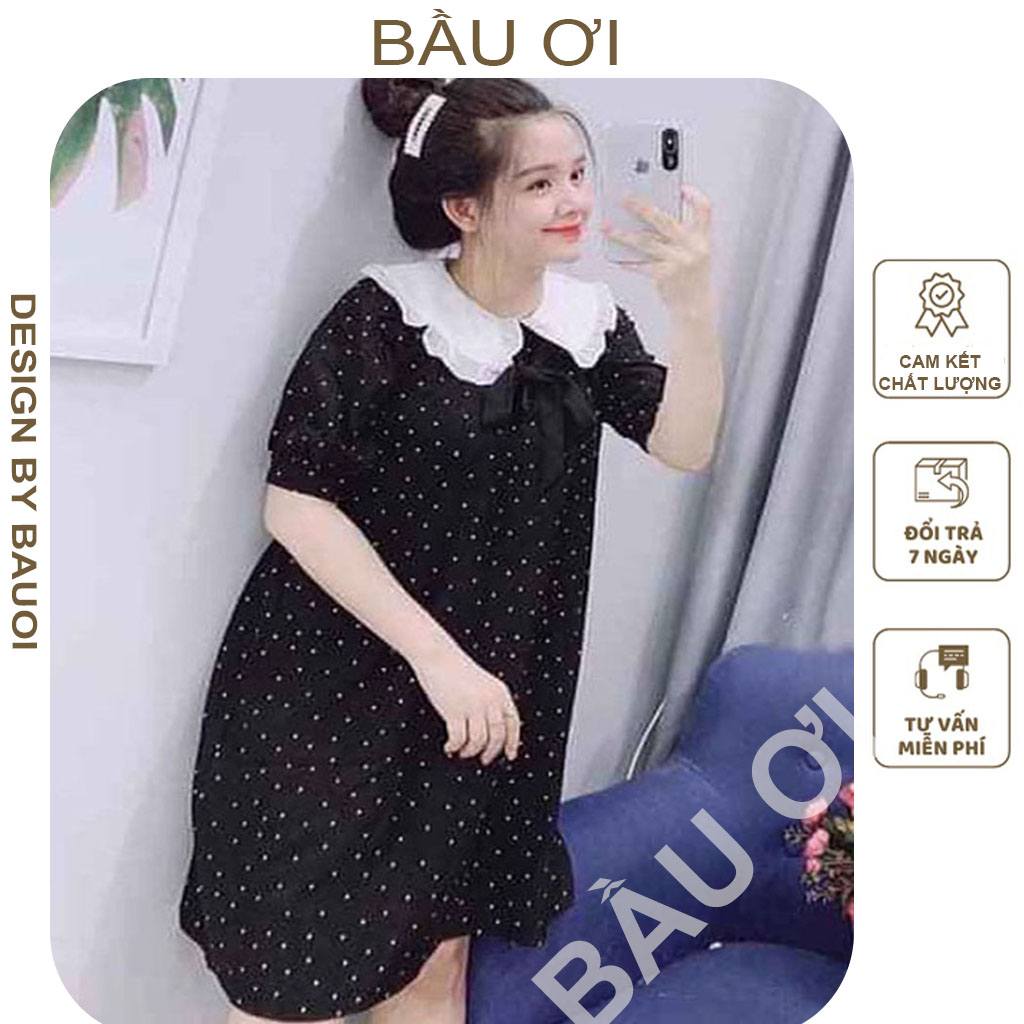 Váy bầu mùa hè chấm bi - đầm bầu công sở đẹp cổ bèo xinh xắn buộc nơ - váy bầu babydoll