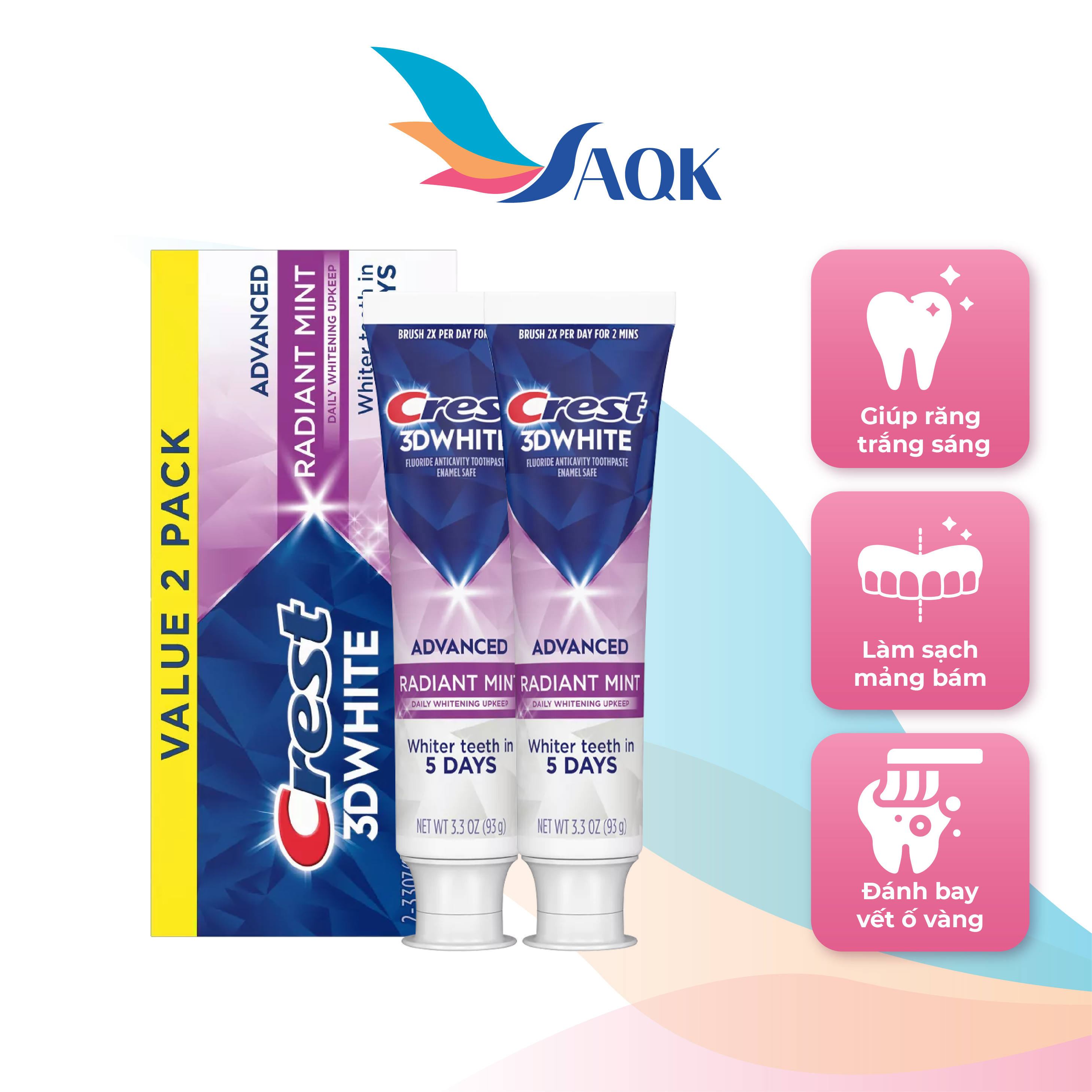 Combo kem đánh răng Crest 3D White Radiant Mint (93g x 2) - Loại bỏ mảng bám, trắng răng mang lại hơi thở thơm mát