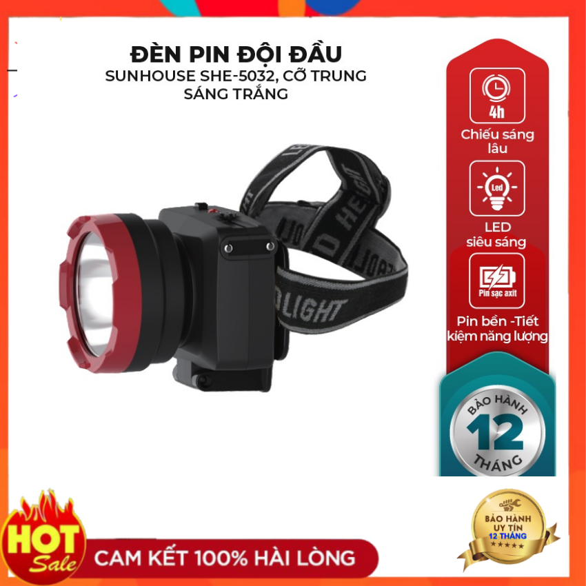 Đèn pin đội đầu Sunhouse SHE-5032 cỡ trung - Đèn đội đầu Sunhouse - Đèn pin siêu sáng - Dung lượng pin 400mAh, thời gian sử dụng 4 giờ, bảo hành 12 tháng