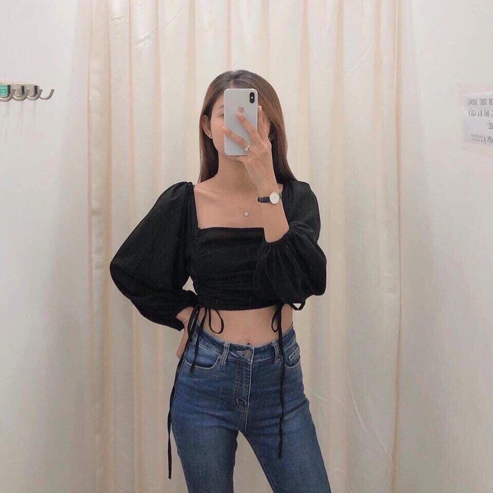 Áo voan cổ vuông tay dài rút giữa hai bên fashion ttsa0548