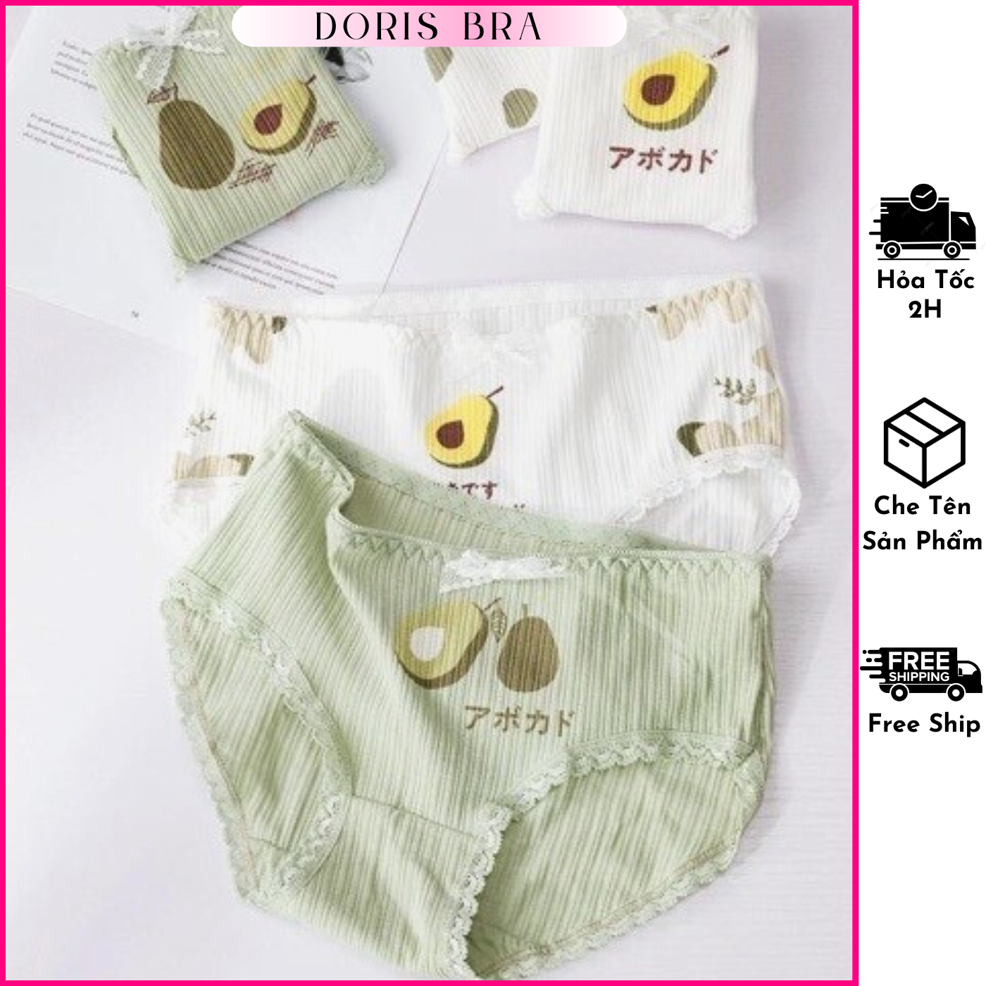 Quần lót nữ cotton viền ren phối nơ, họa tiết quả bơ siêu dễ thương Doris.fashion