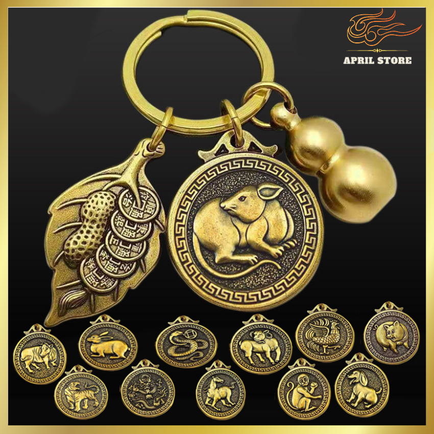 Móc Khóa Phong Thủy 3 Món Đồng Xu-Bầu Hồ Lô-Lá Tiền Vàng-Thu Hút Tài Lộc