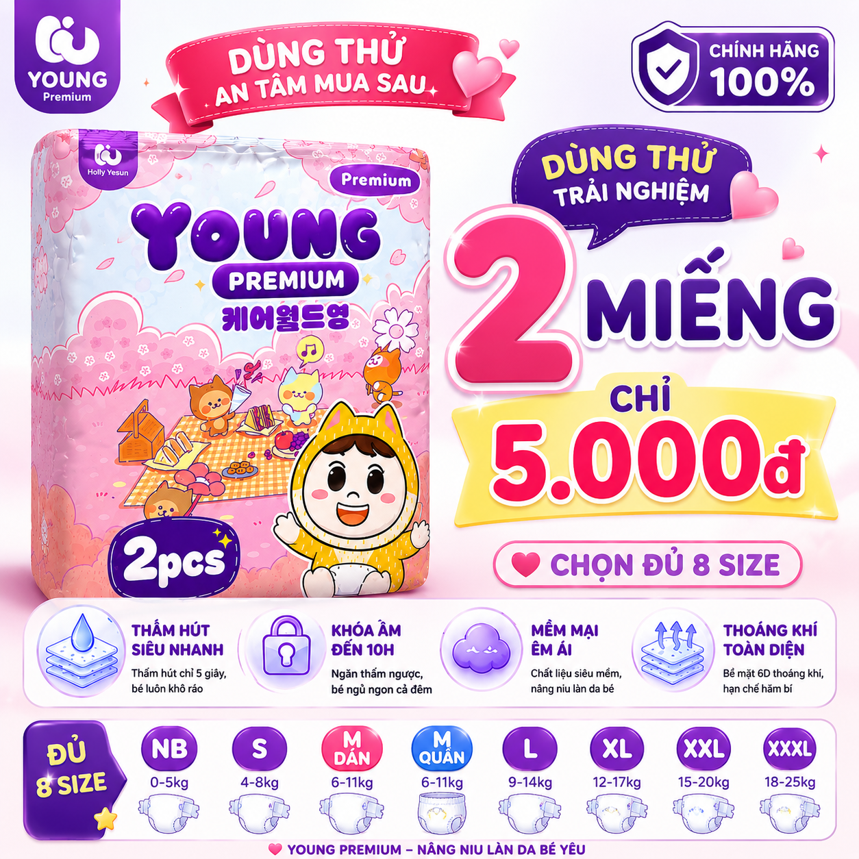 Tã Dán YOUNG Premium NB 10 Miếng Dùng Thử Chính Hãng Cho Bé Sơ Sinh <5kg