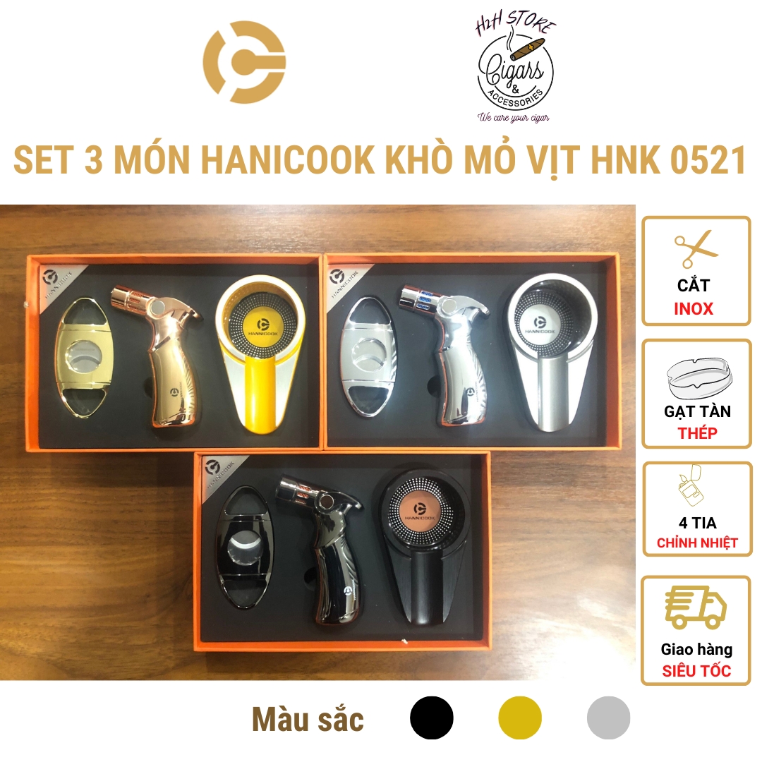 Set khò cắt gạt tàn cigar hannicook - khò, kèm đục - cắt inox - gạt tàn thép - màu đen sang trọng - hnk-0512