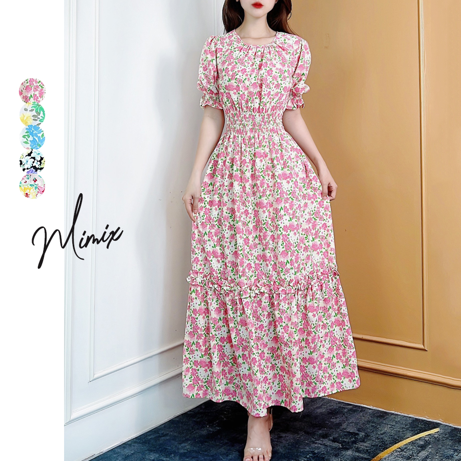Đầm maxi hoa eo bo chun tay lửng mimix bj6185