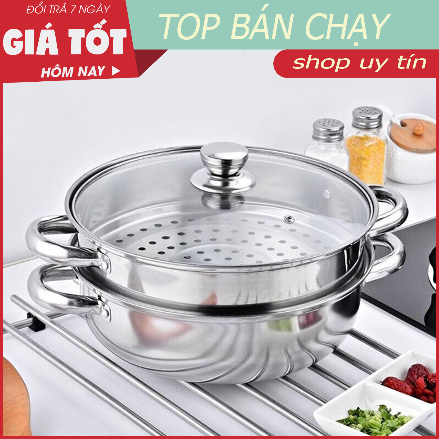[HCM]Bộ Xửng Hấp 2 Tầng 28cm Nồi Hấp 2 Tầng inox - Vung kính tiện dụng chất liệu inox 304 cao cấp bền bỉ