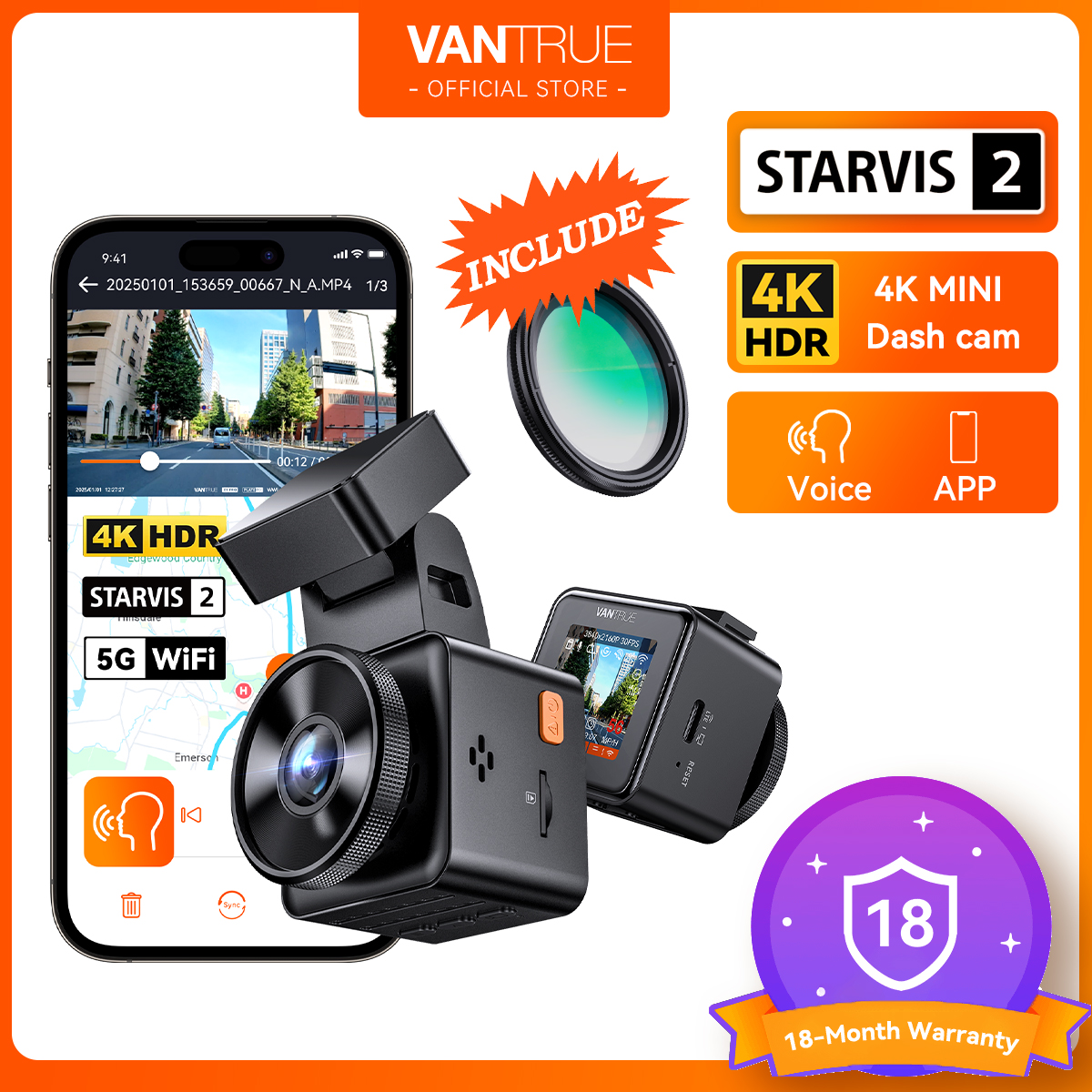 Vantrue E1 Pro 4K Mini Dash Camera for Car,STARVIS 2 HDR Night Vision Dashcam,Built-in 5G WiFi,Voice Control,24H Parking Mode Giá 4,499,999 Đồng*Miễn phí vận chuyển