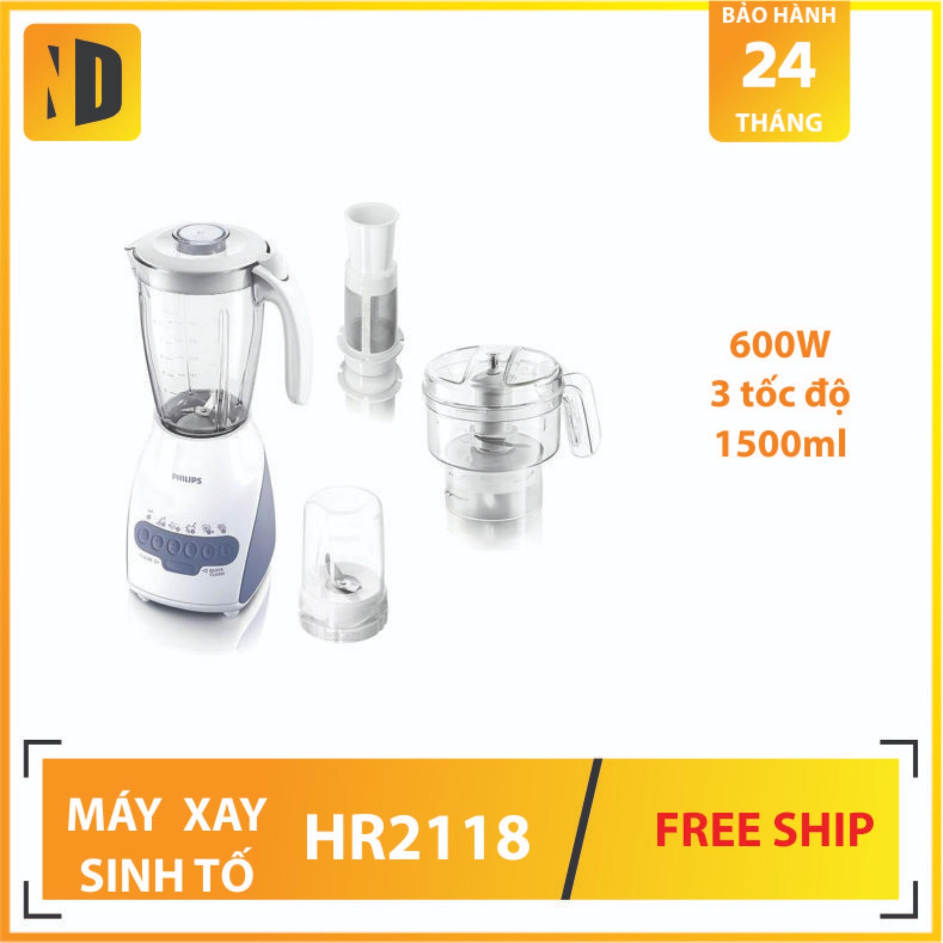 Máy xay sinh tố đa năng Philips HR2118 2.0L (Trắng) - 600W - sinh tố 1.5L - cối xay khô 0.4 L - Cối xay thịt 300g/lần - Hàng Nhập Khẩu - Philips