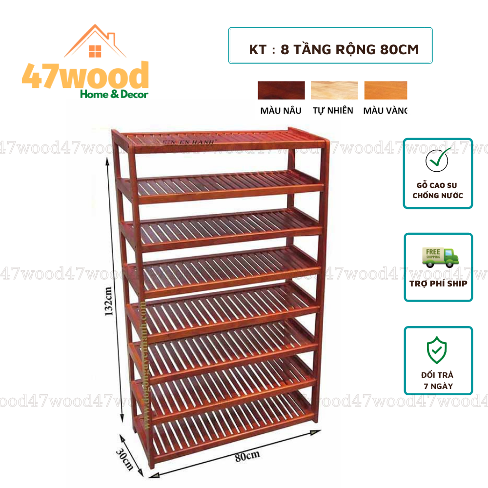 Kệ dép gỗ cao su 8 tầng rộng 80cm 47wood chống nước- Gía để giày dép gỗ cao su size lớn 80cm cao 8 tầng
