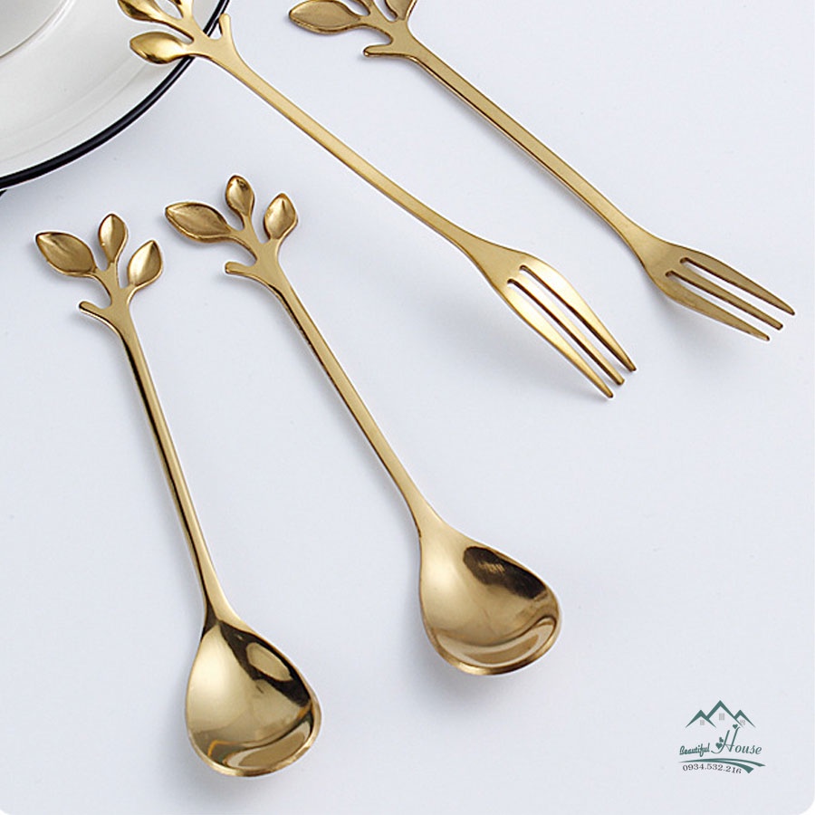 Thìa, Dĩa Ăn Bánh Mứt, Hoa Quả, Kem, Sữa Chua, Sinh Tố - Màu Sắc Vàng Sang Trọng, Sử Dụng Dễ Dàng, Dễ Cầm Nắm, Phong Cách Hiện Đại