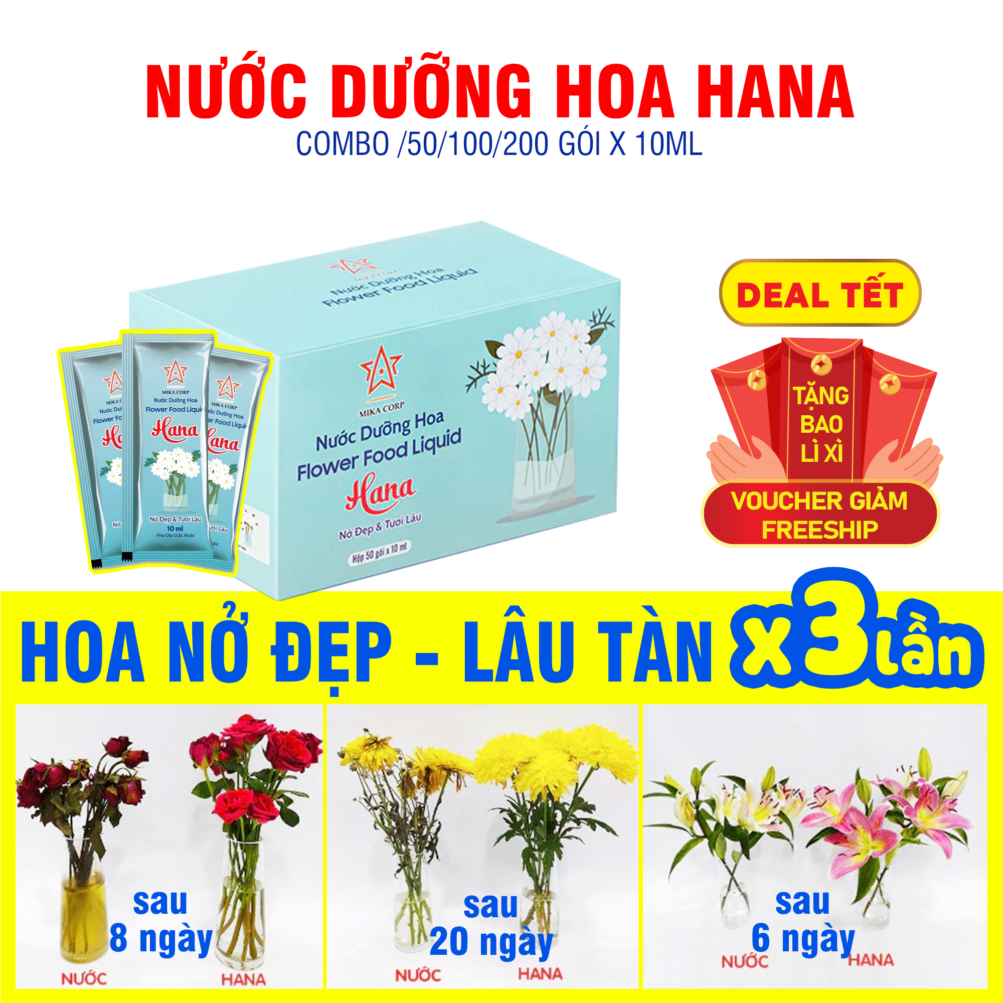  Freeship 50-100-200  Tặng bao Lì Xì  gói Nước Dưỡng Hoa Hana giúp hoa tươi lâu nở đẹp không hôi nước 