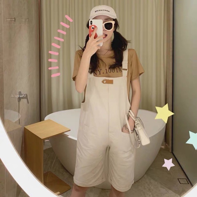 [HCM]Set yếm quần đùi kaki kèm áo thun nâu dễ thương