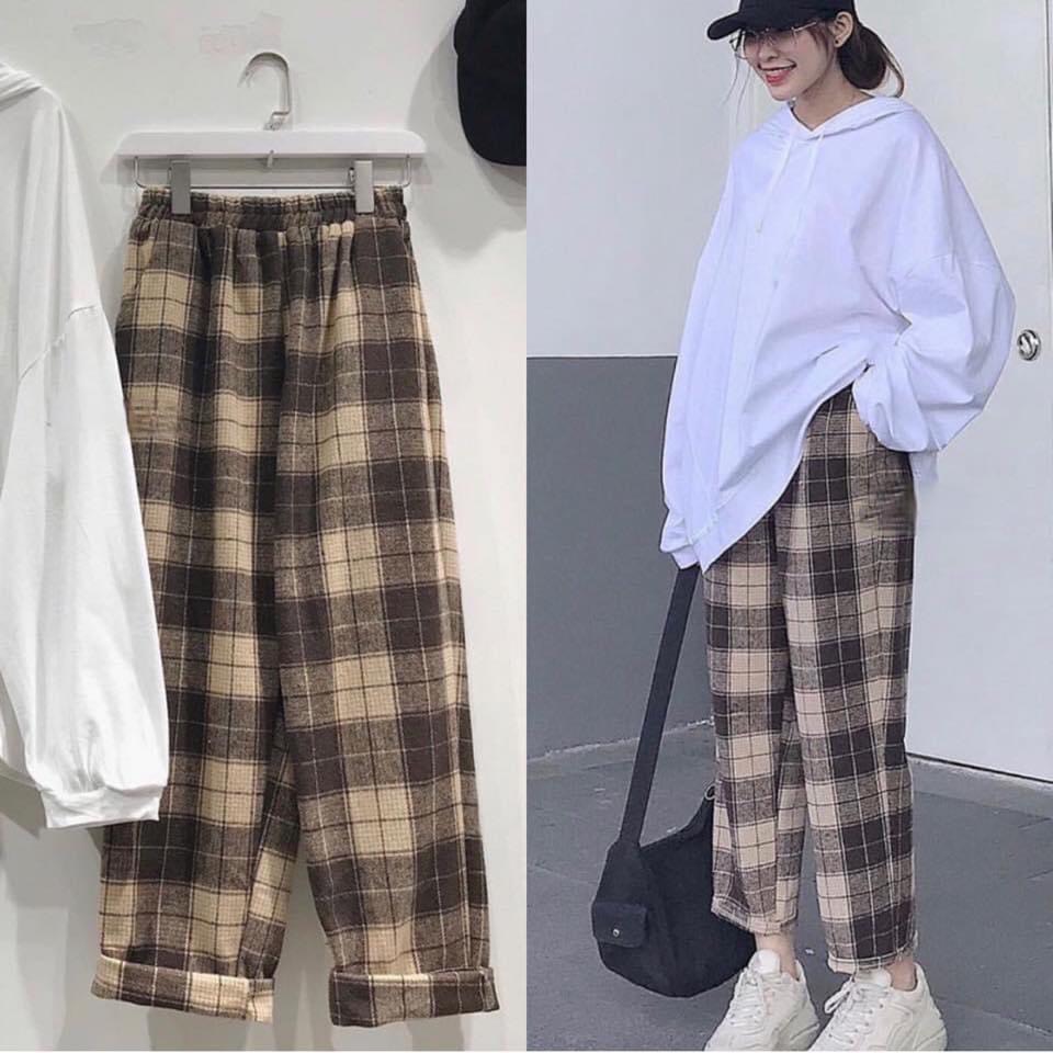 QUẦN DÀI BAGGY SỌC KARO NỮ FORM RỘNG KIỂU DÁNG