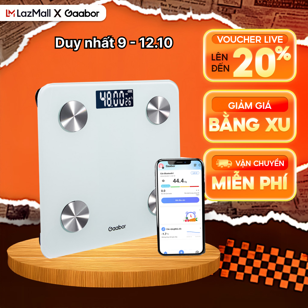Cân điện tử sức khỏe thông minh Gaabor GWS-M02A kết nối bluetooth phân tích chỉ số cơ thể - App tiếng Việt OKOK - Kèm thước dây - Bảo hành 1 đổi 1