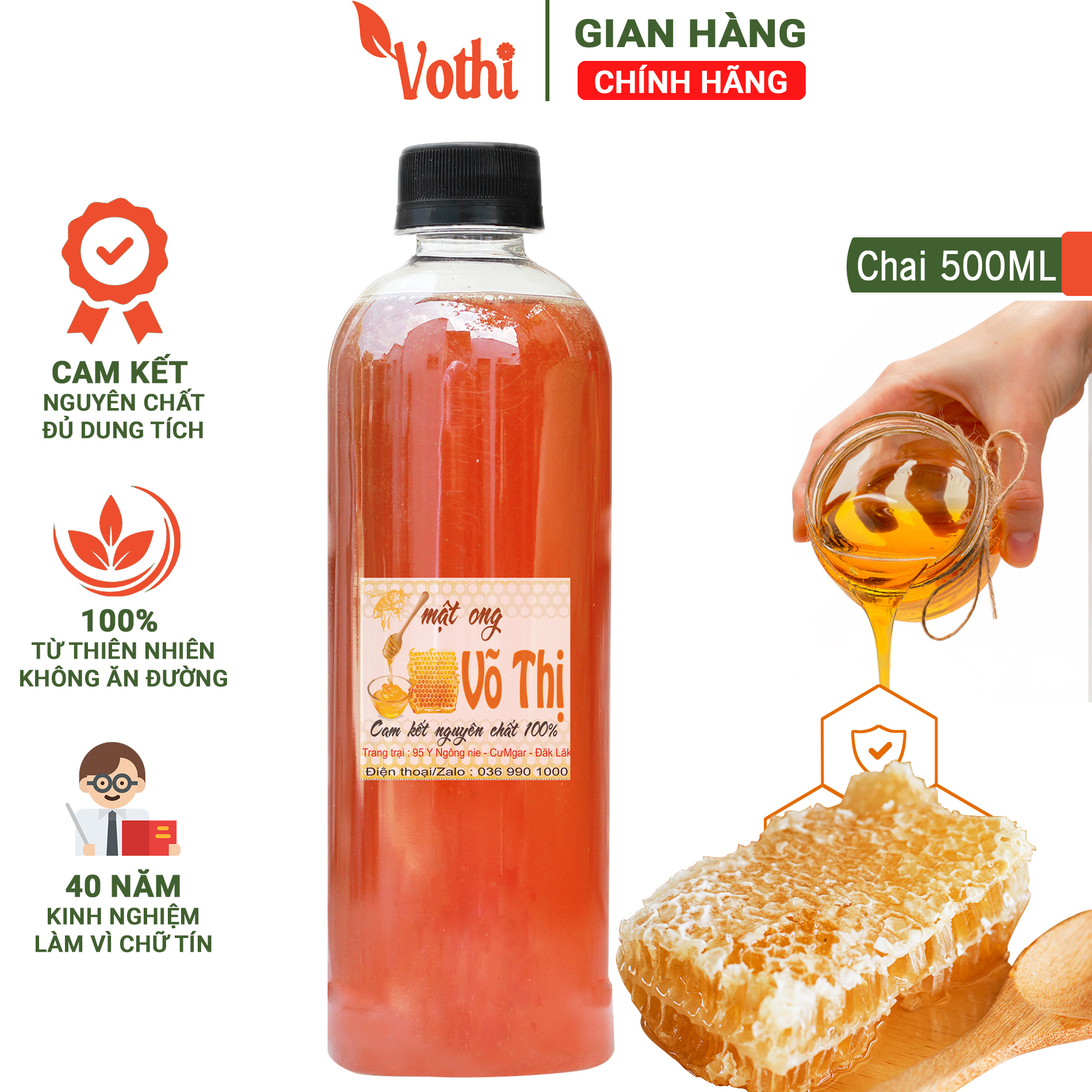 0.5 Lít Mật Ong Nguyên Chất VoThi - Giá Gốc tại Trang Trại - Sản phẩm trực tiếp từ người khai thác ong tu rừng hoa cafe Đăk Lăk - Cam kết nguyên chất Hoàn Tiền Nếu Khách Hàng Không Hài Lòng  - Mật Ong Võ Thị