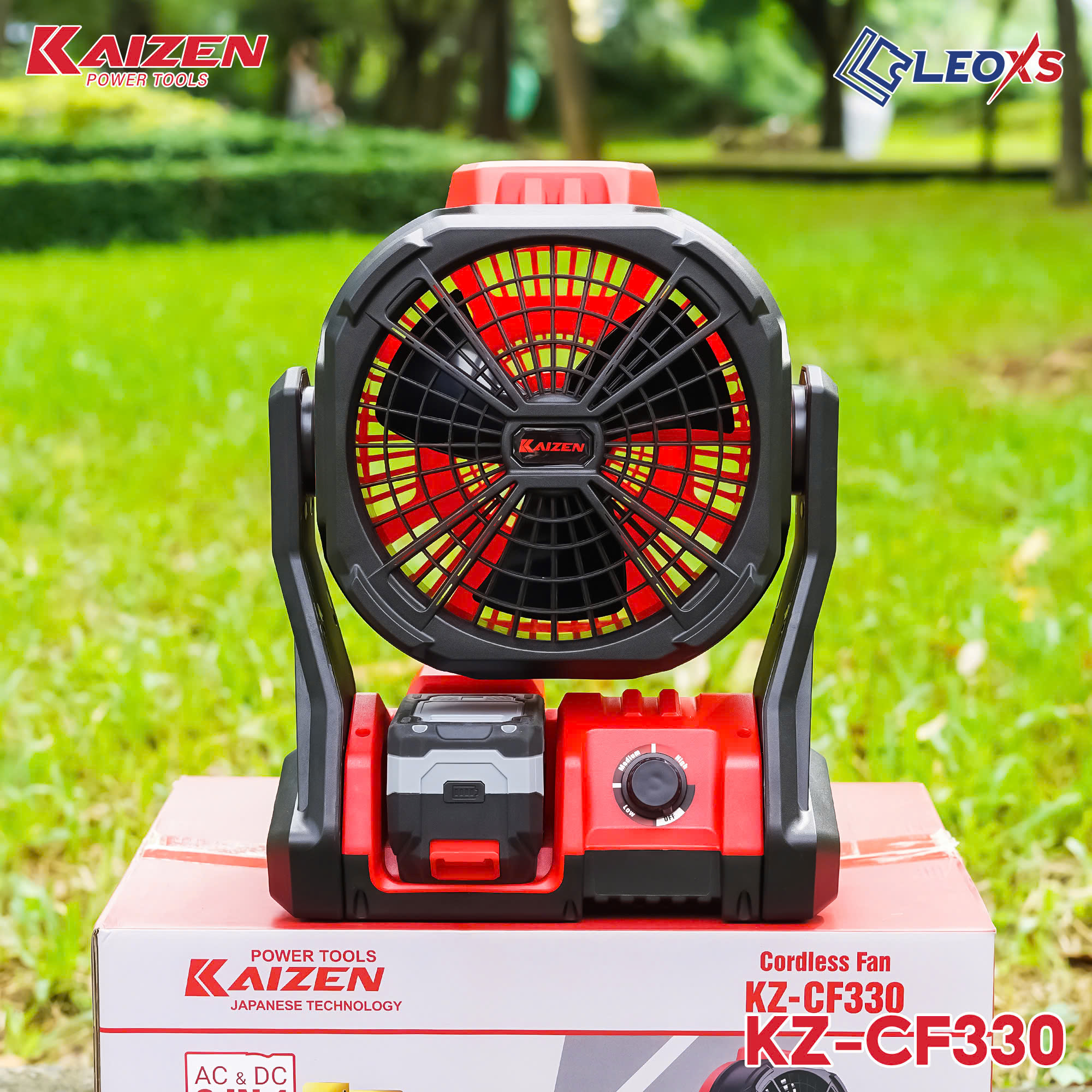 Máy Quạt Chạy Pin Kaizen model CF330 Dùng Được Với Điện AC/DC Chuyên Làm Mát Có Đế và Móc Treo Làm mát không gian xưởng không dây linh hoạt dễ di chuyển mang ra công trường
