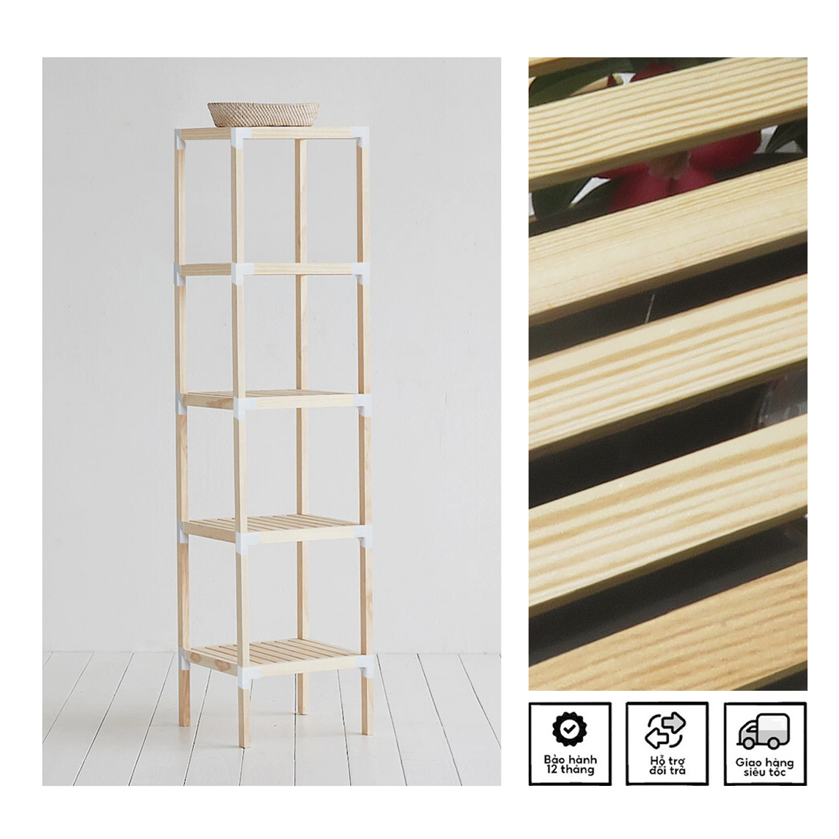 Kệ sách đầu giường 5 tầng gỗ thông mỹ 35x35x135cm, kệ để đồ đa năng, kệ gỗ decor tổ ong, kệ bếp