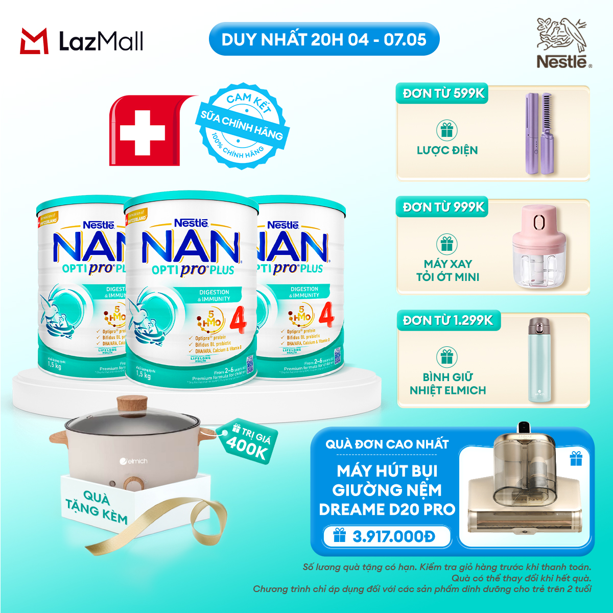 [CHỈ 20H 04-07.05 QT Đơn 599k/999k/1299k] [Tặng Nồi lẩu điện 3L] Bộ 3 lon Sữa bột Nestlé NAN OPTIPRO PLUS 4  với 5HMO xuất xứ Thụy Sĩ - Hộp 1500g/lon với 5HMO Giúp tiêu hóa tốt + Tăng cường đề kháng