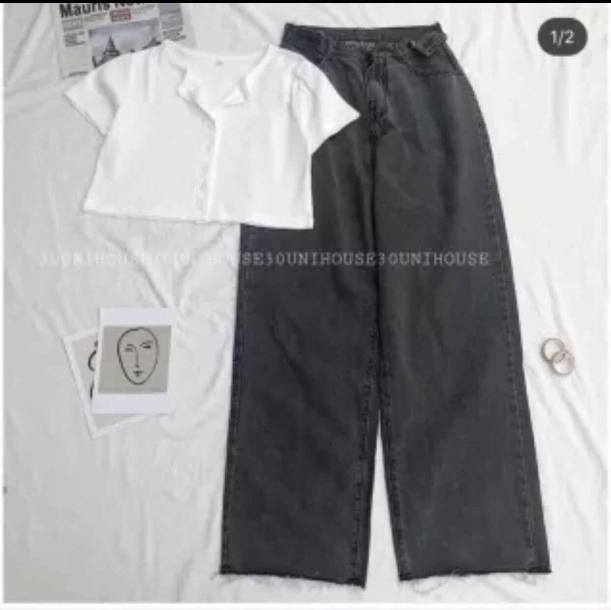 Set baggy xám đai nút + crop gài nút trắng