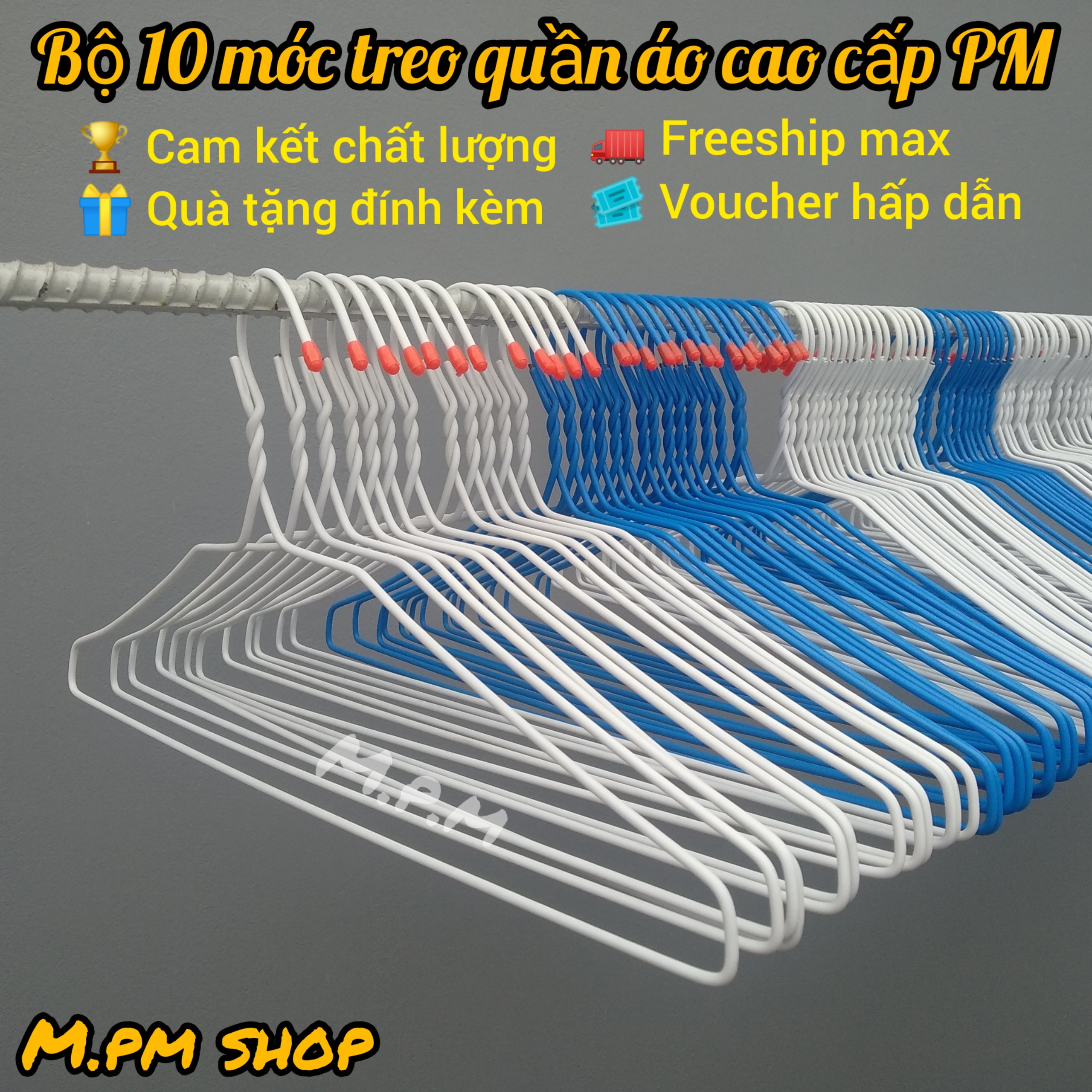 Bộ 10 Móc phơi quần áo cao cấp PM -Loại Dày- [CÓ QUÀ TẶNG, ĐƯỢC CHỌN MÀU] - Móc treo quần áo thép phủ nhựa PP cao cấp chống oxy hóa ăn mòn - loại Dày - Cloth Hanger (Mỗi bộ 1 màu)