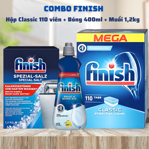 Viên rửa bát finish 110 viên + muối finish 1,2kg + Nước làm bóng finish 400ml dùng cho máy rửa bát