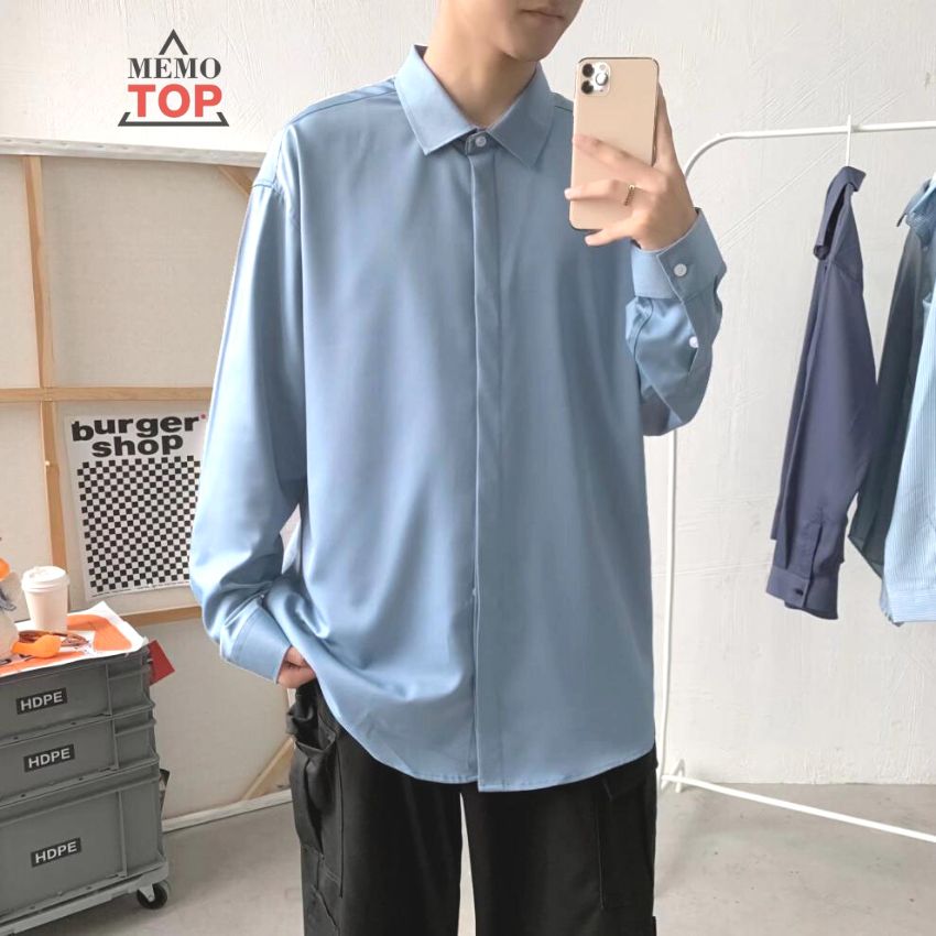 Áo sơ mi nam form rộng dài tay hàn quốc lụa mát giấu cúc đẹp xám xanh trắng đen MEMOTOP MM03 - VIDEO SP THẬT TẠI SHOP