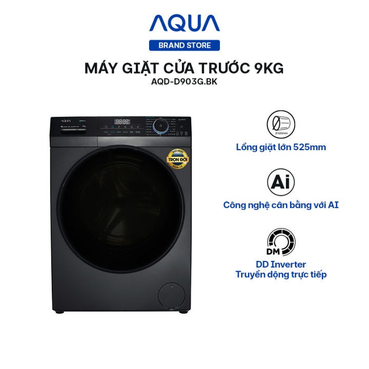 [SALE SỐC BLACK FRIDAY  -  Miễn phí công lắp đặt cho mọi đơn hàng] Máy Giặt Cửa Trước Aqua 9kg AQD-D903G.BK - Bảo hành chính hãng 2 năm