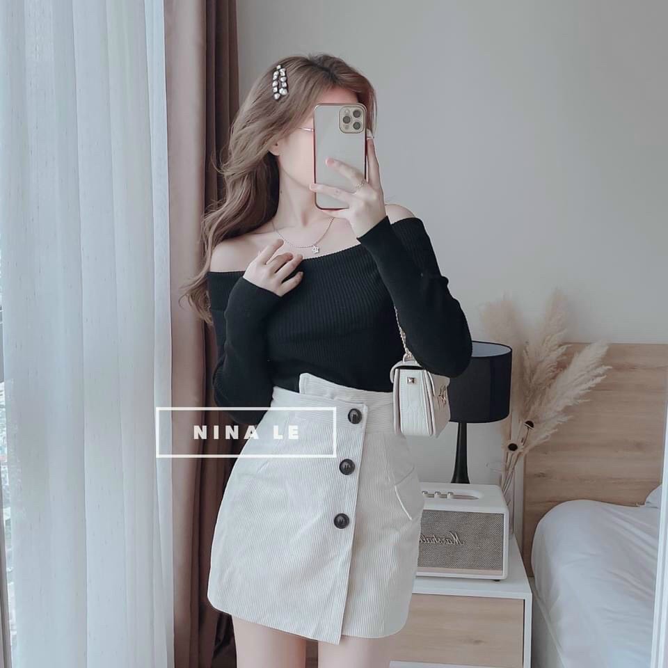 Sét bộ nữ, áo bẹt vai tay dài kèm chân váy