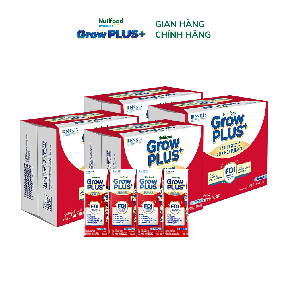 Combo 2 Thùng 48 hộp Sữa Nước Pha Sẵn Nutifood GrowPLUS+ Suy Dinh Dưỡng (Đỏ) Ít đường 180ml - Hỗ Trợ Tăng Cân, Tăng Chiều Cao - Trên 1 tuổi (Bao bì tùy đợt nhập hàng)